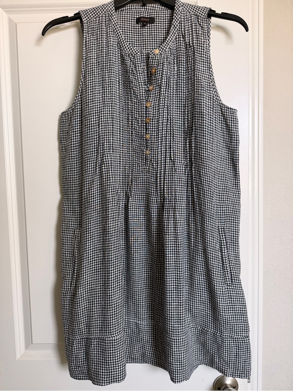Quince European Linen Pintuck Sleeveless Swing Dress Sz M Black & White Gingham - Picture 2 of 3